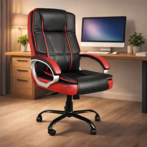 Premium High Back Office Chair | Executive Revolving Chair with Cushioned Seat & Armrest | Black & Red Leatherette Chair