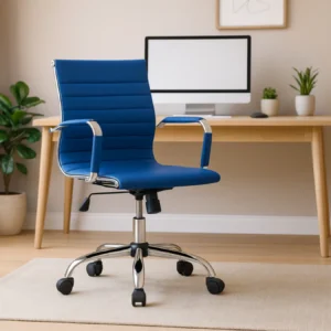 Modern Executive Office Chair | Ergonomic Mid-Back Blue Chair with Chrome Base