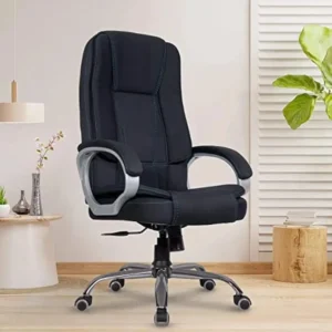 Black high back executive office chair with cushioned upholstery and designer base on white background
