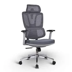 Grey high back mesh office chair with headrest, lumbar support, and chrome base on white background