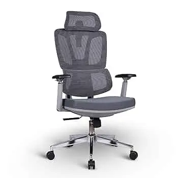 Grey high back mesh office chair with headrest, lumbar support, and chrome base on white background