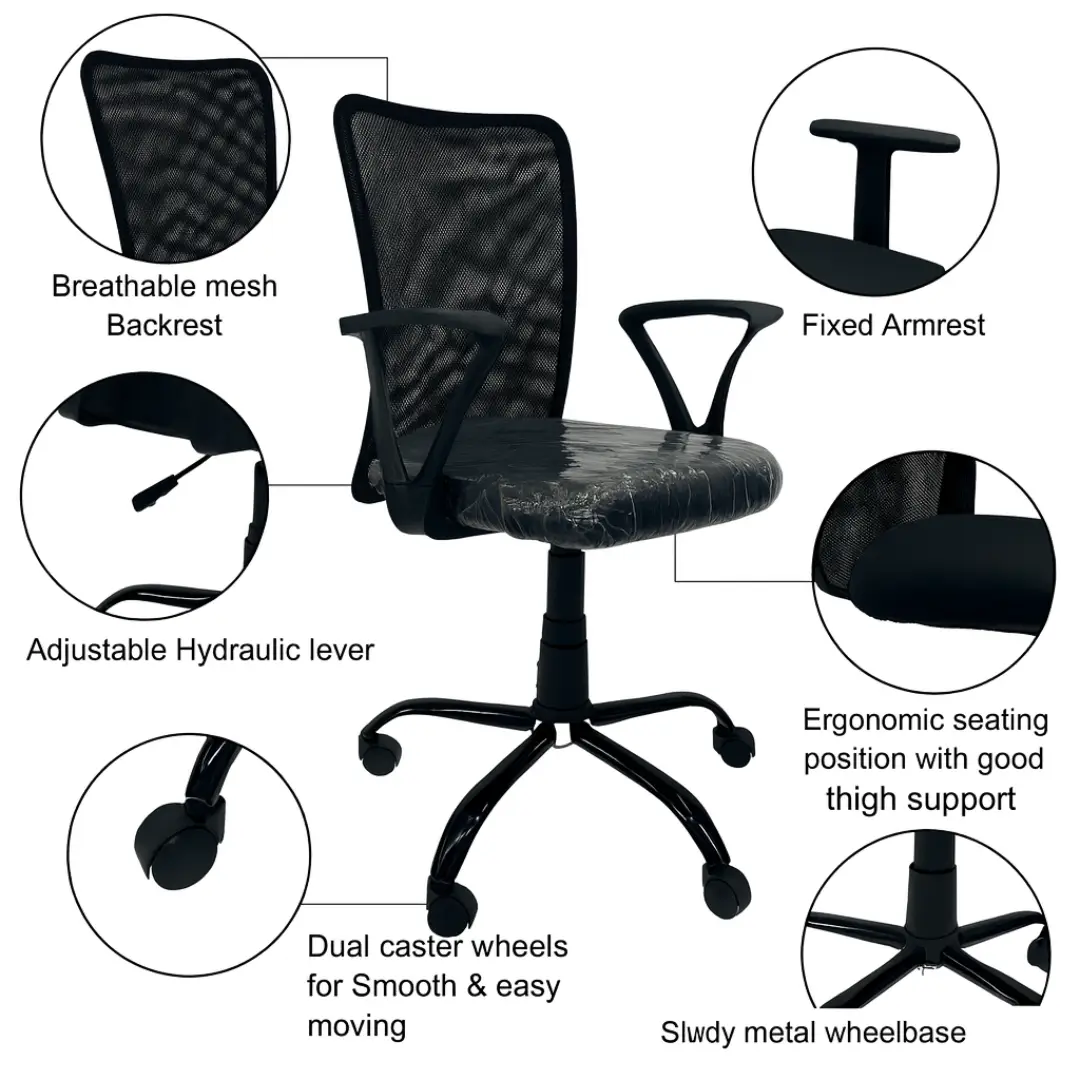Mid Back Black Mesh Office Chair with Armrest | Ergonomic Workstation Chair - Image 4