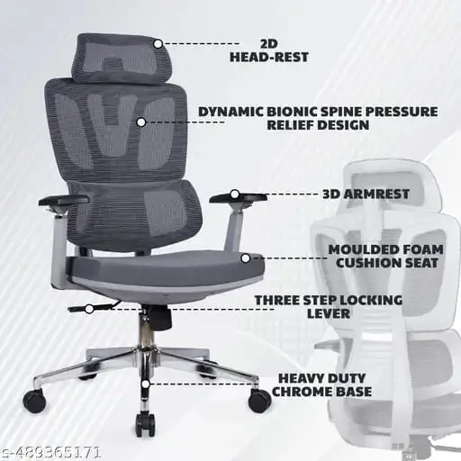 Grey High Back Mesh Office Chair with Headrest | Ergonomic Executive Chair - Image 2
