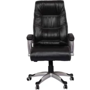 Black high back executive office chair with cushioned upholstery and designer base on white background