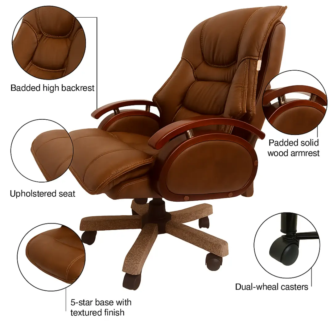 Brown Executive Office Chair with Cushioned Leatherette Finish | Premium Boss Chair - Image 3