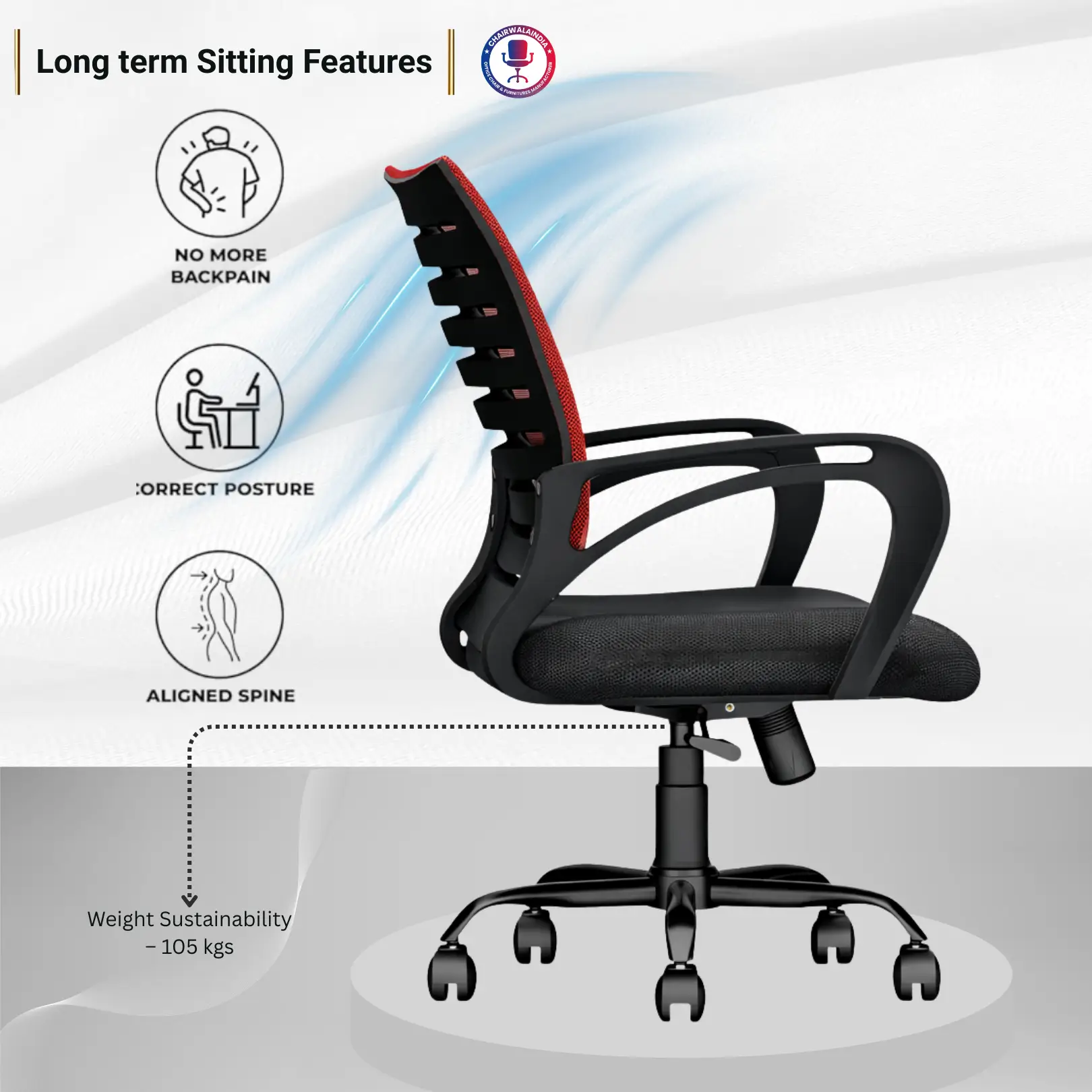 Red Mesh Office Chair with Cushioned Seat | Ergonomic Computer Chair - Image 6