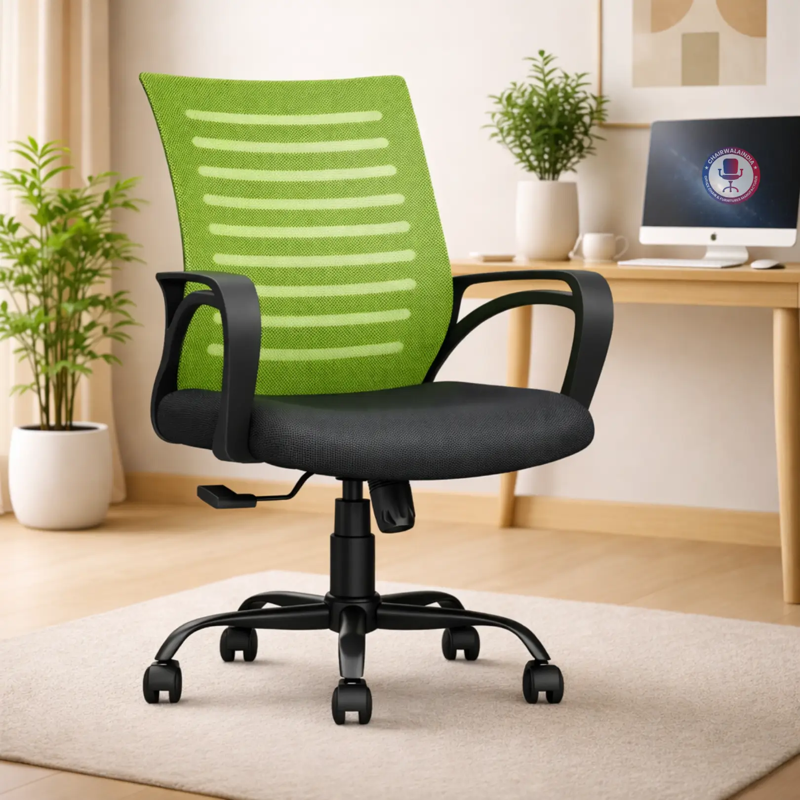 Green mesh ergonomic office chair with black cushioned seat and caster wheels in office setup