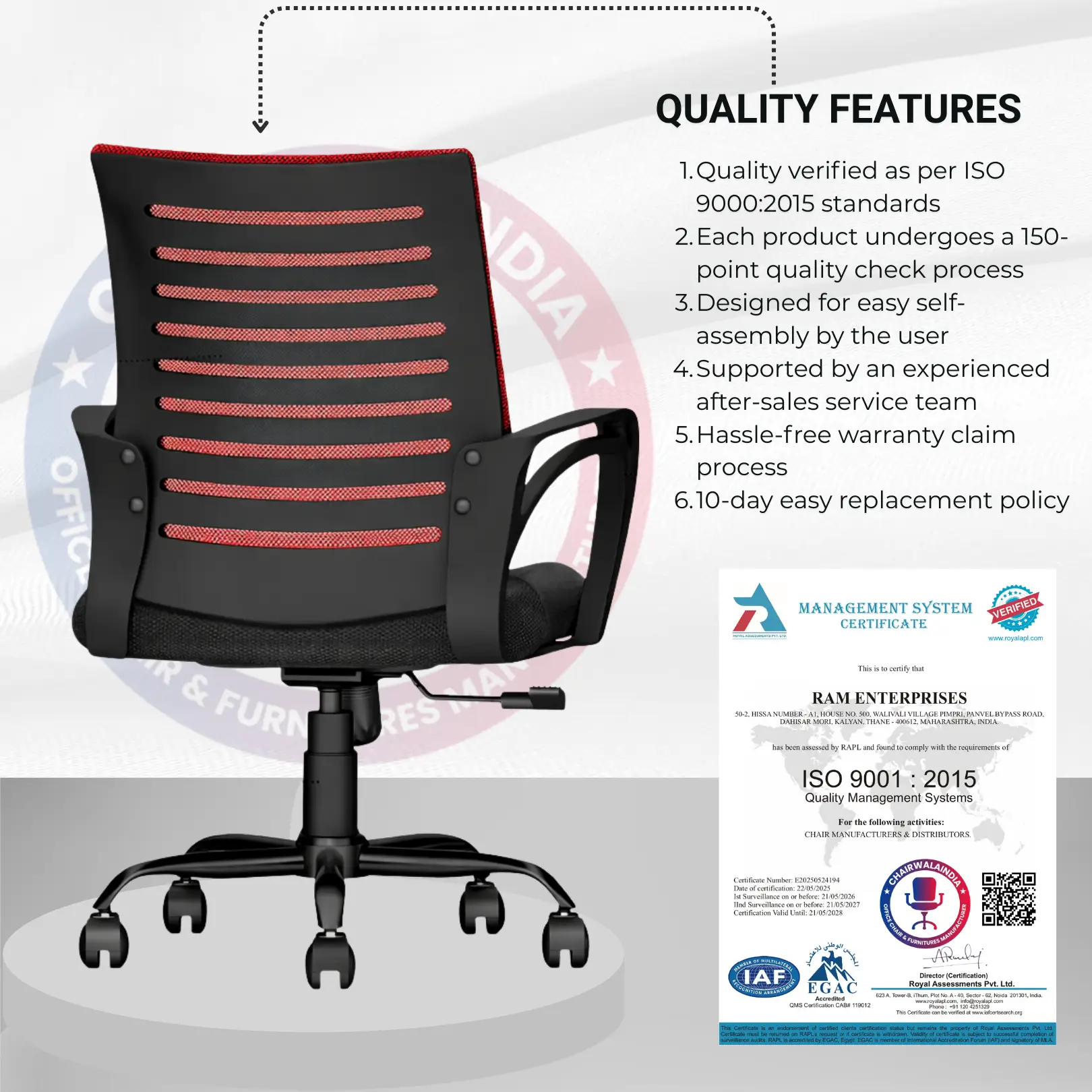 Red Mesh Office Chair with Cushioned Seat | Ergonomic Computer Chair - Image 7