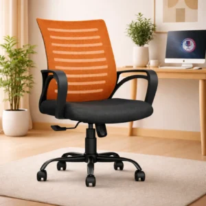 Orange mesh ergonomic office chair with black cushioned seat and caster wheels in office setup