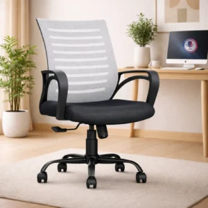 Grey mesh ergonomic office chair with black cushioned seat and caster wheels in office setup