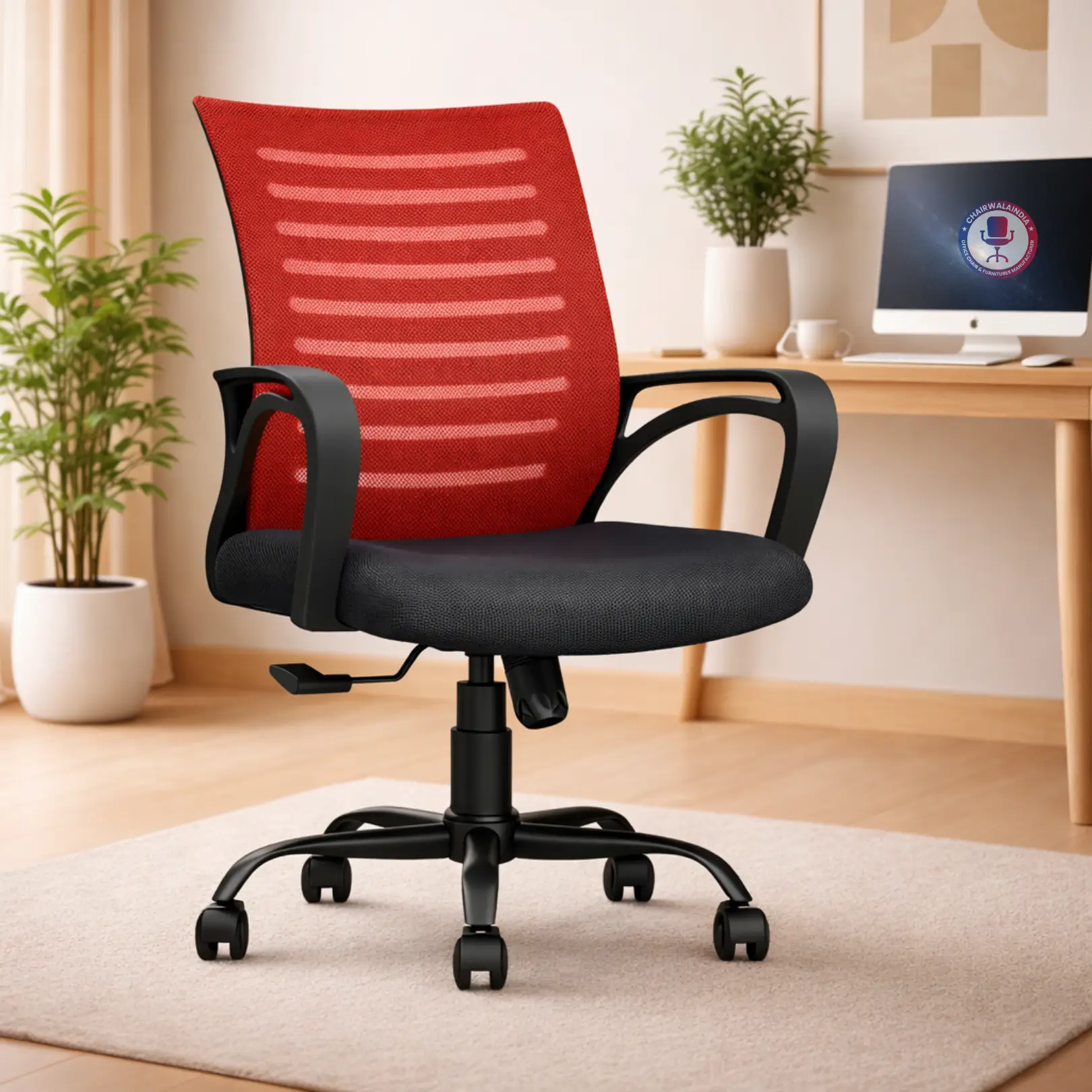 Orange mesh ergonomic office chair with black cushioned seat and caster wheels in office setup