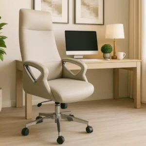 Beige high back executive office chair with cushioned upholstery and chrome base on white background