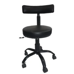 Black revolving stool chair with back support and caster wheels on white background