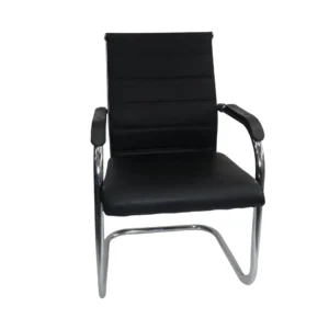 Black visitor chair with cushioned seat, chrome sled base, and padded armrests on white background