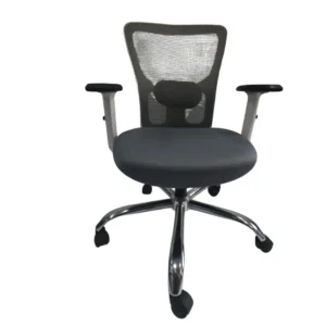 Black ergonomic mesh office chair with lumbar support, adjustable armrests, and chrome base on white background