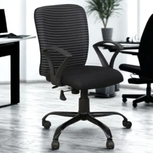 Black mid back fabric office chair with armrests and caster wheels on white background